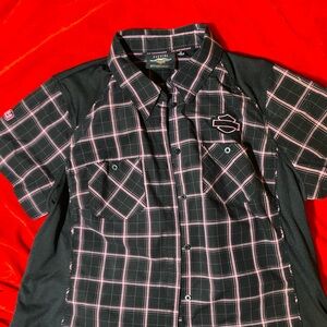 Harley-Davidson Black and Pink Checkered Shirt Against Breast Cancer
